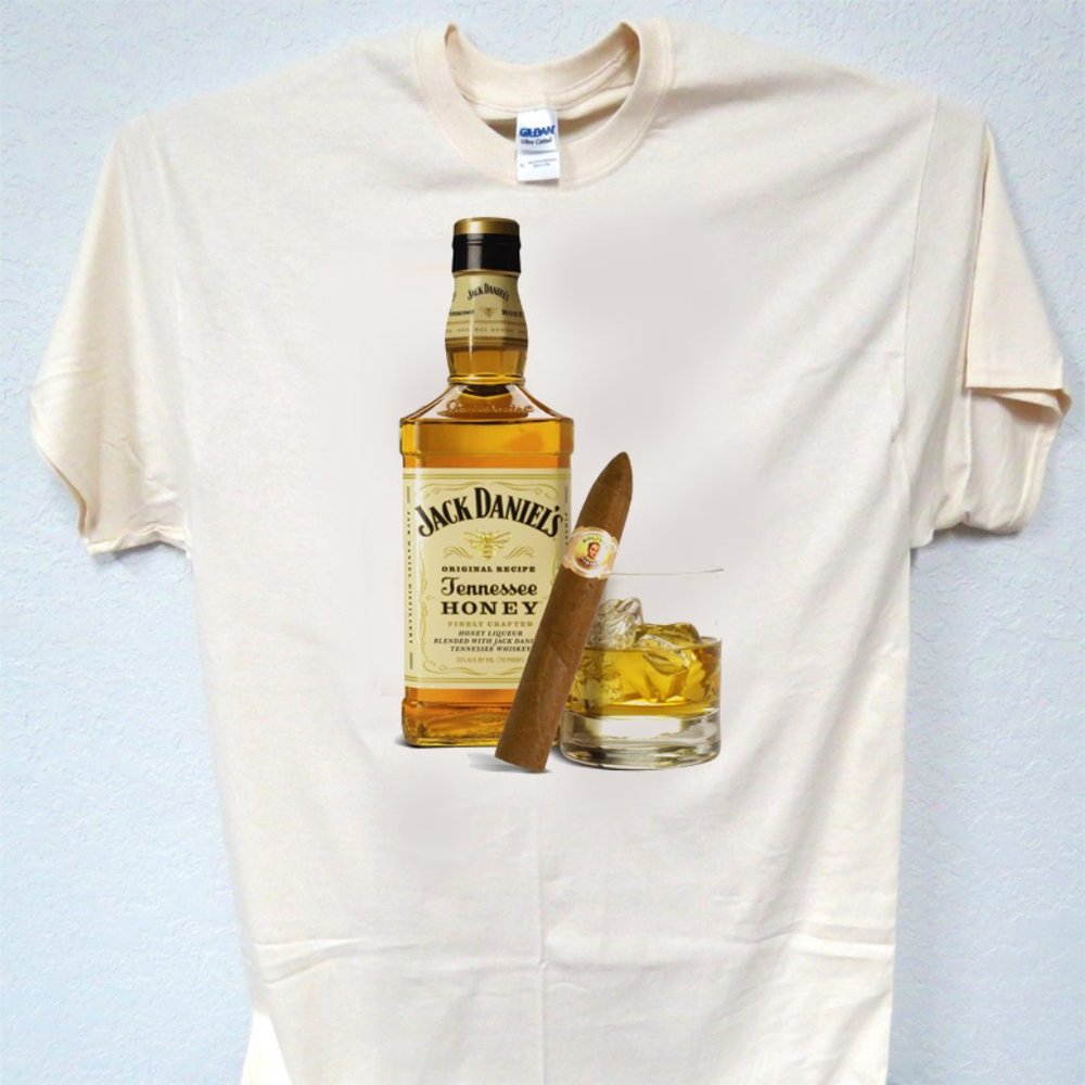 JACK DANIELS "Honey" &  CIGARS, COOL MENS IVORY TEE T-1746
